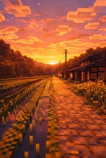 【夕】マイクラ風 田舎背景素材|やさしい夕空とノスタルジー|全18枚