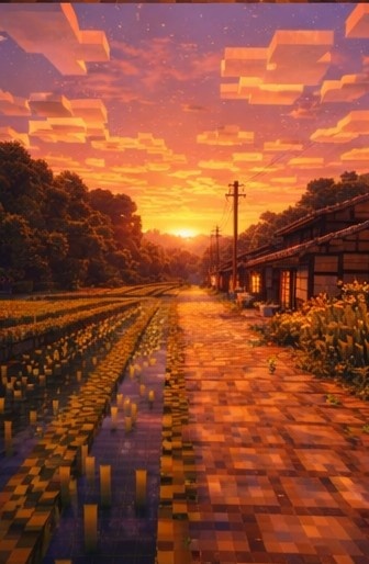 【夕】マイクラ風 田舎背景素材|やさしい夕空とノスタルジー|全18枚