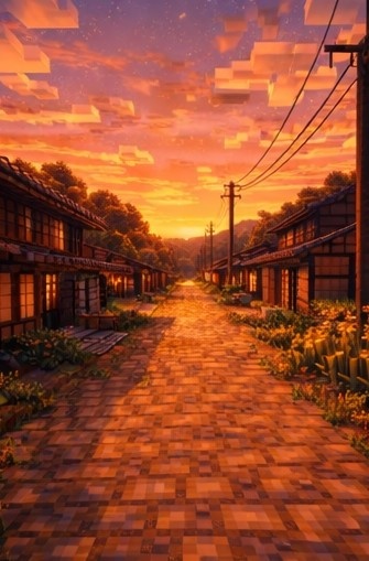 【夕】マイクラ風 田舎背景素材|やさしい夕空とノスタルジー|全18枚