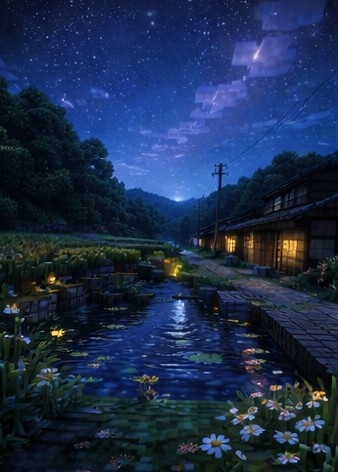 【夜】マイクラ風 田舎背景素材|静かな夜空とチルな雰囲気|全21枚