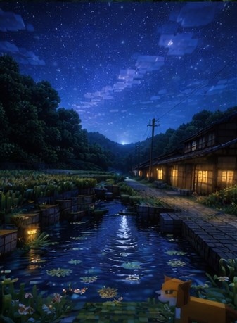 【夜】マイクラ風 田舎背景素材|静かな夜空とチルな雰囲気|全21枚