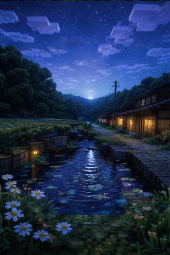 【夜】マイクラ風 田舎背景素材|静かな夜空とチルな雰囲気|全21枚