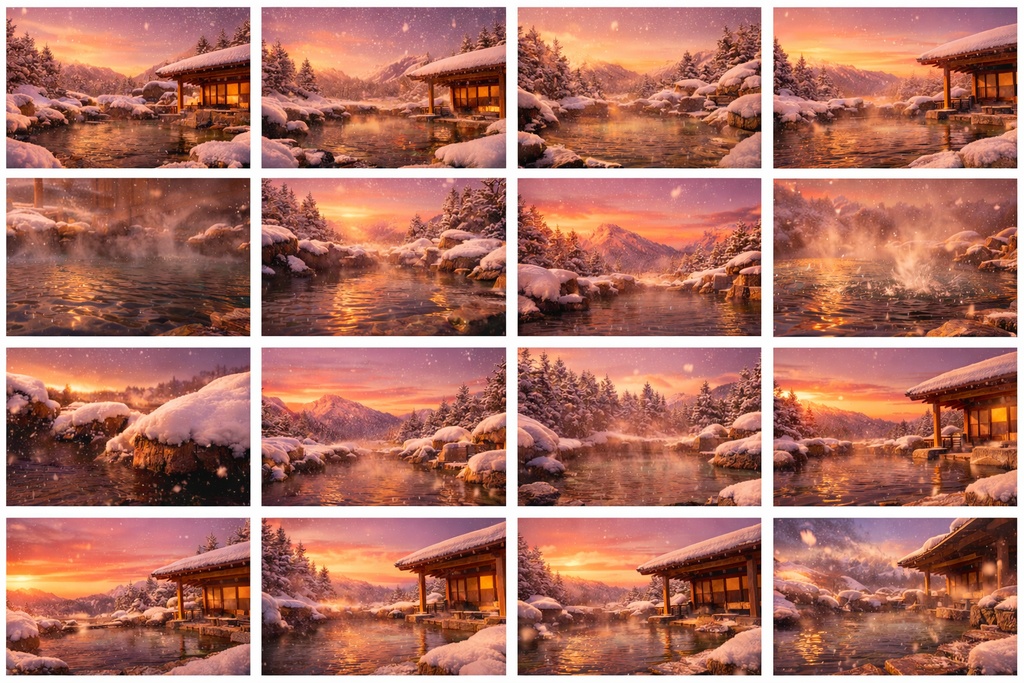 雪が降る夕暮れの露天風呂 背景素材15枚+おまけ1枚|冬・温泉・幻想的