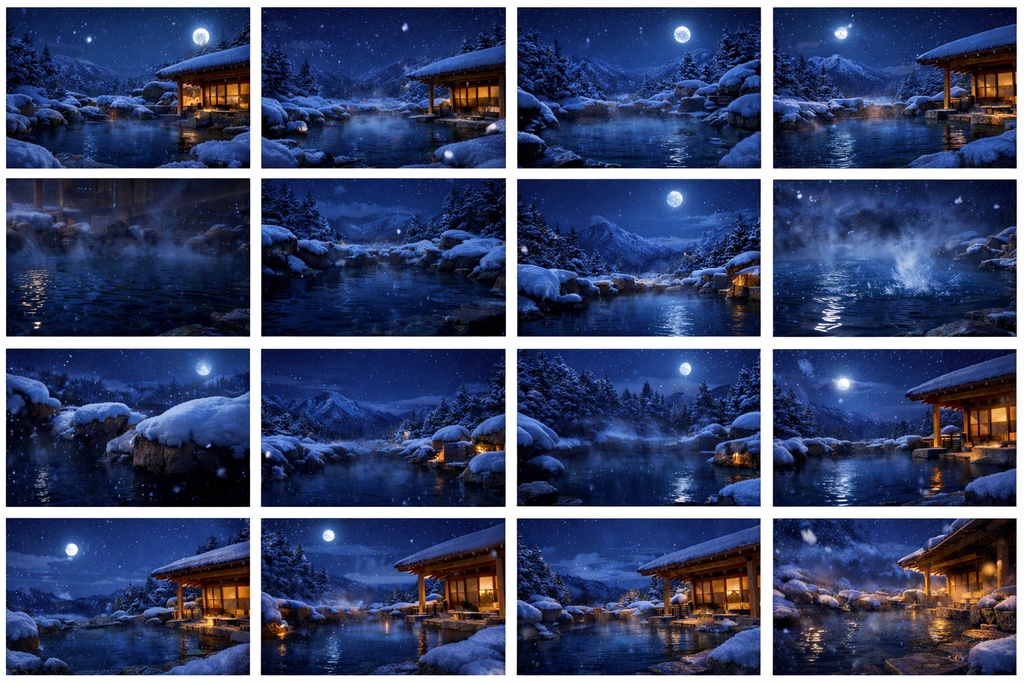 雪見露天風呂 昼・夕・夜 背景素材45枚セット|雪・温泉・和風