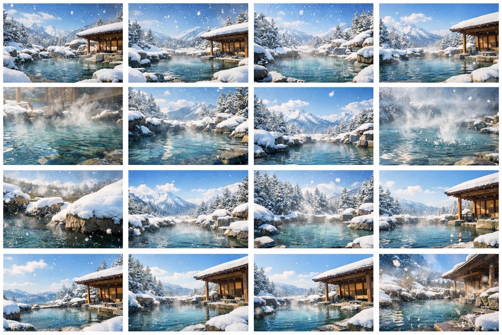 雪見露天風呂 昼・夕・夜 背景素材45枚セット|雪・温泉・和風