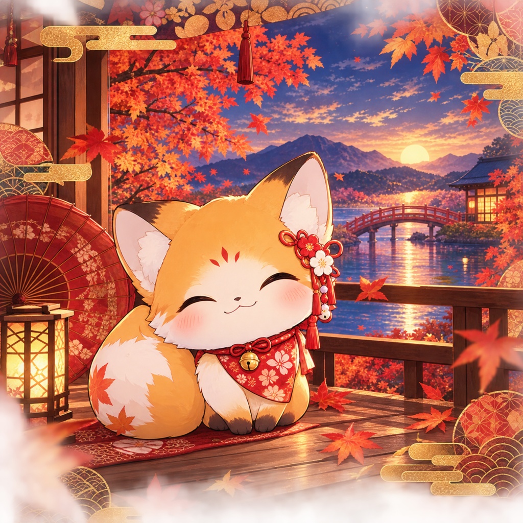 和風ゆる狐の秋景色イラスト｜紅葉・和モダン・デジタル素材