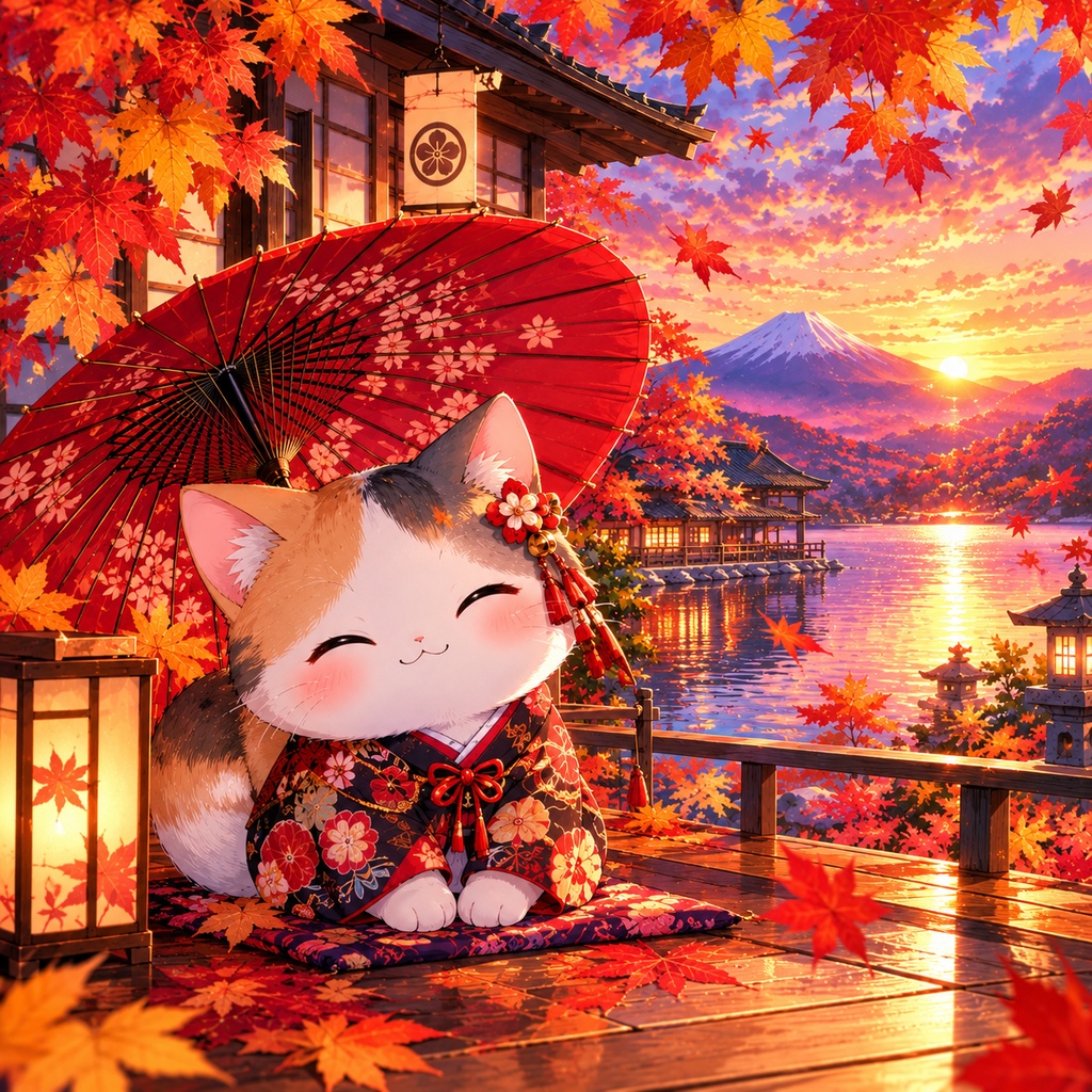 和風ゆる猫の秋景色イラスト｜紅葉・和傘・和モダン・デジタル素材