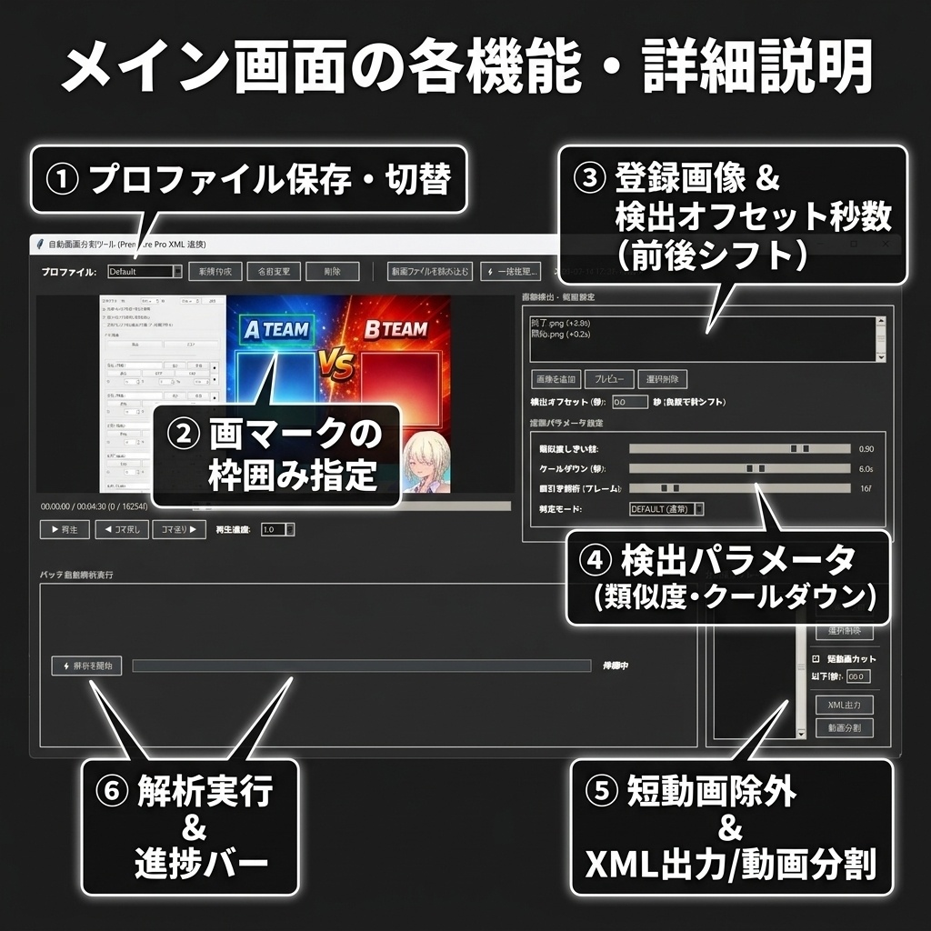 【動画自動カット】画面の特定マーク・変化を画像認識して一括分割|Premiere連携対応