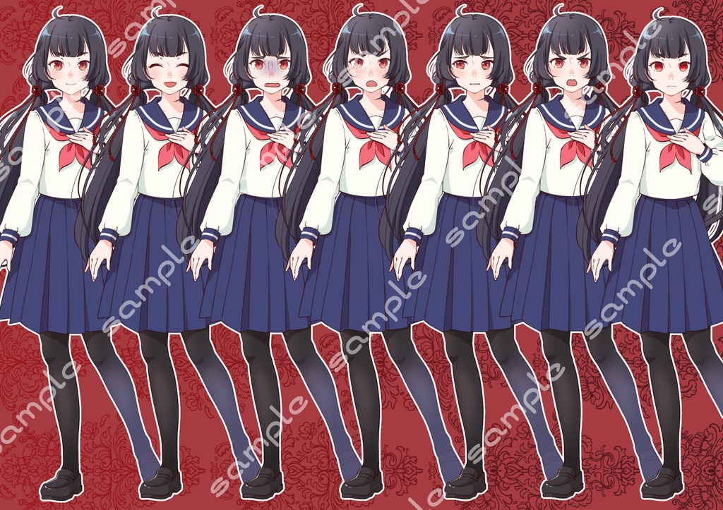 立ち絵素材_2(黒髪和風女子高生全身、表情7種)