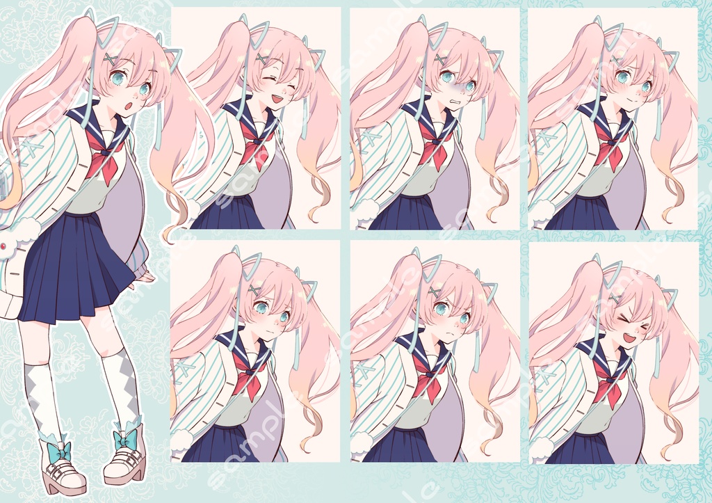 立ち絵素材_3（ピンク髪ツインテール女子高生全身、表情7種