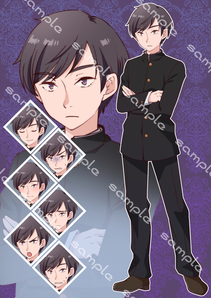 立ち絵素材_4(メガネ三白眼男子高生全身、表情7種、眼鏡なし差分あり)