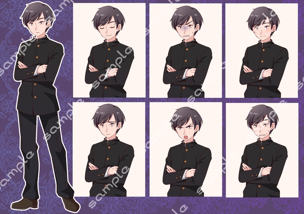 立ち絵素材_4(メガネ三白眼男子高生全身、表情7種、眼鏡なし差分あり)