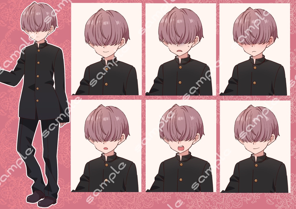 立ち絵素材_6a(目隠れ男子高生全身、表情7種、白衣差分あり)