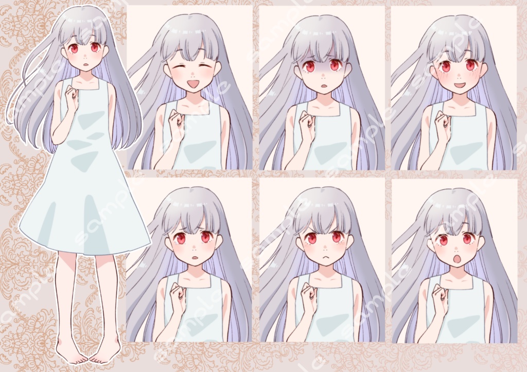 立ち絵素材_14a(白ワンピース銀髪少女全身、表情7種)