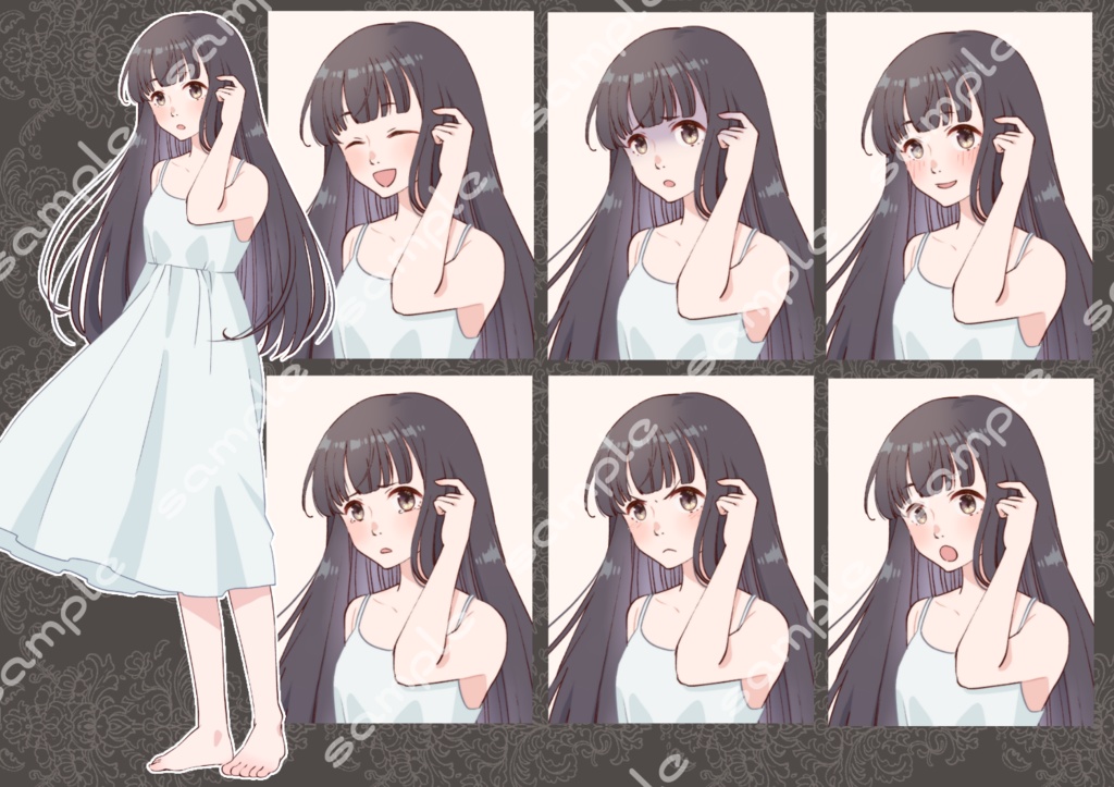 立ち絵素材_15a(白ワンピース黒髪女性全身、表情7種)