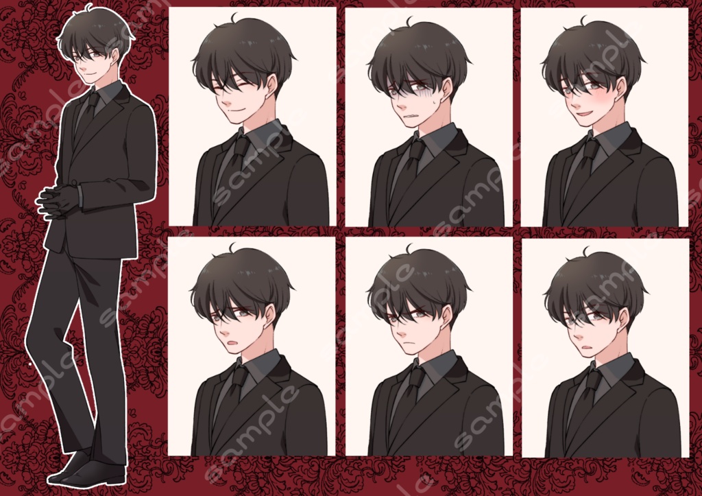 【無料版あり】立ち絵素材_17 (黒髪男性全身、表情各7種 衣装差分あり、スーツ、黒ずくめ、警察官)