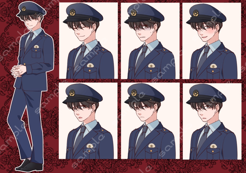 【無料版あり】立ち絵素材_17 (黒髪男性全身、表情各7種 衣装差分あり、スーツ、黒ずくめ、警察官)