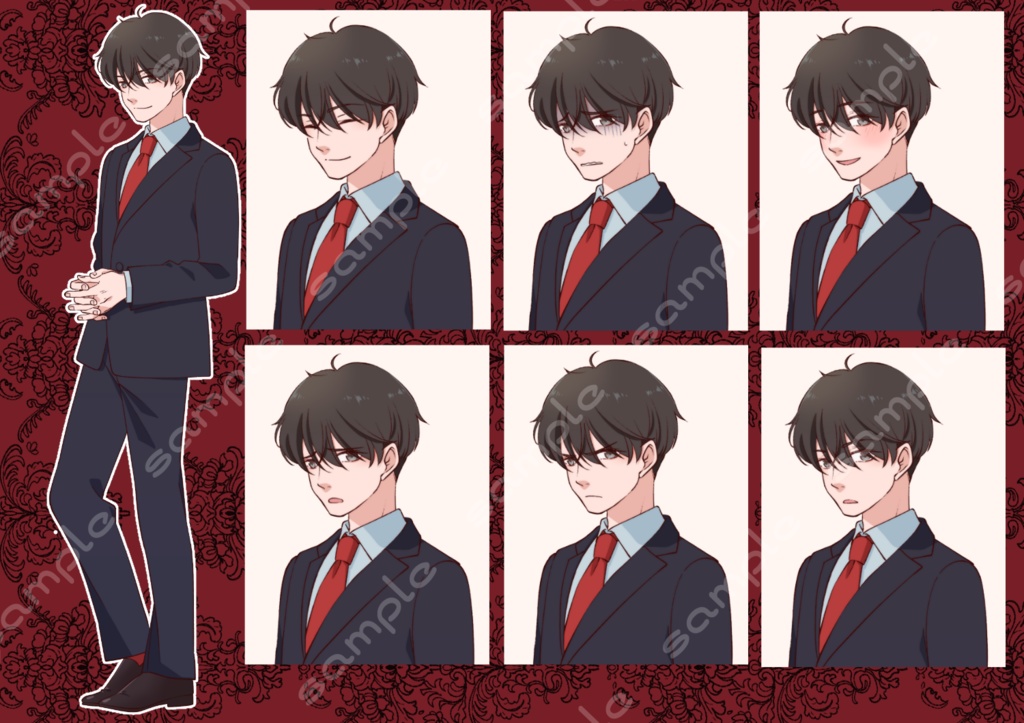 【無料版あり】立ち絵素材_17 (黒髪男性全身、表情各7種 衣装差分あり、スーツ、黒ずくめ、警察官)