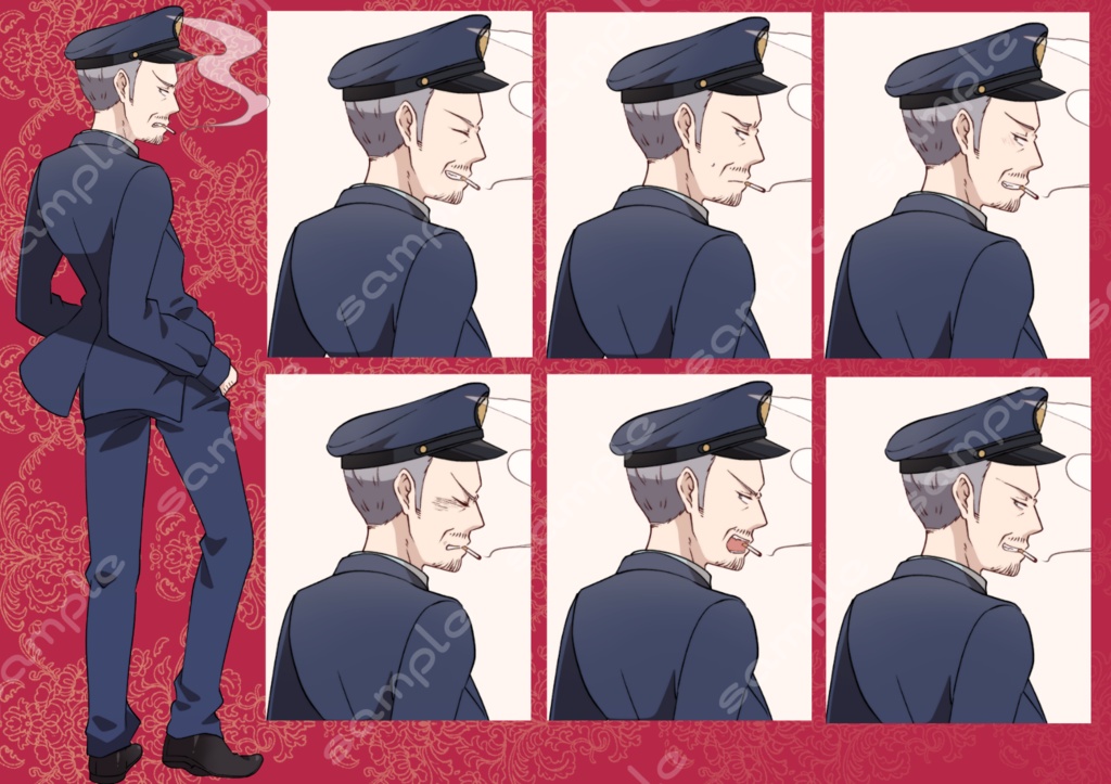 無料版あり】立ち絵素材_18 (中年男性全身、表情各7種 衣装差分あり、スーツ、黒ずくめ、警察官)