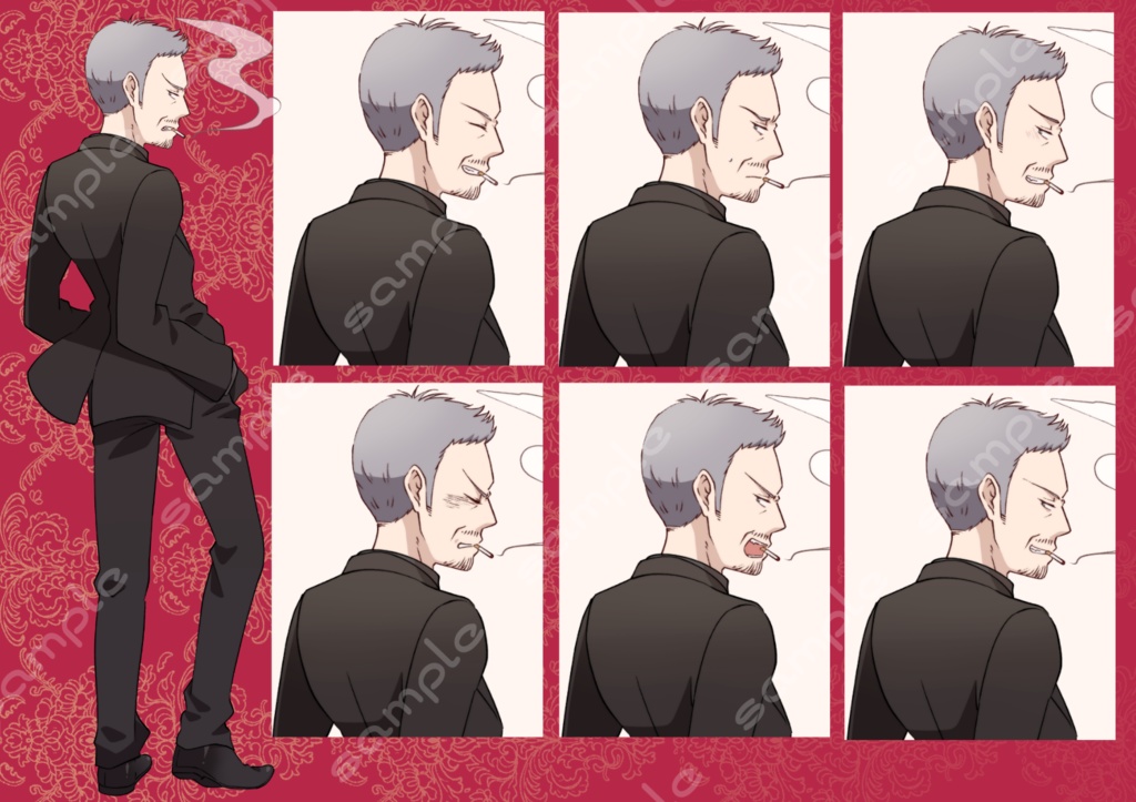 無料版あり】立ち絵素材_18 (中年男性全身、表情各7種 衣装差分あり、スーツ、黒ずくめ、警察官)