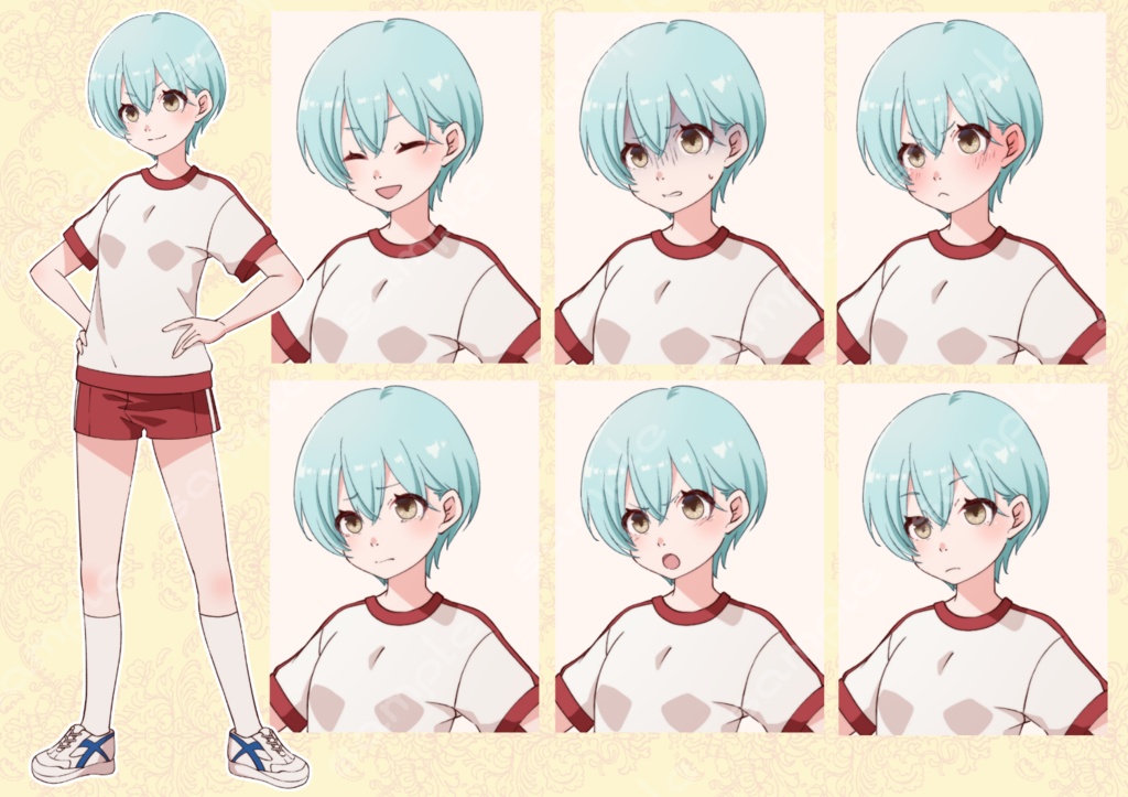 立ち絵素材_24 (ショートカット女子高生全身、表情各7種 衣装差分あり、制服、ジャージ、体操服)