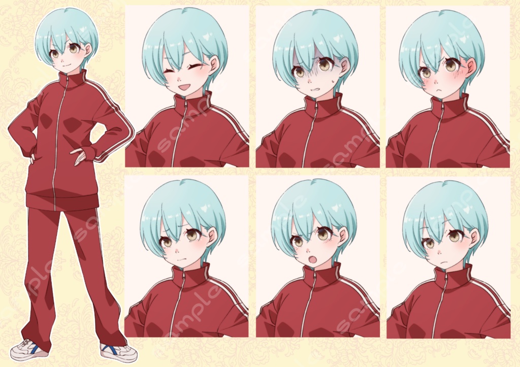 立ち絵素材_24 (ショートカット女子高生全身、表情各7種 衣装差分あり、制服、ジャージ、体操服)