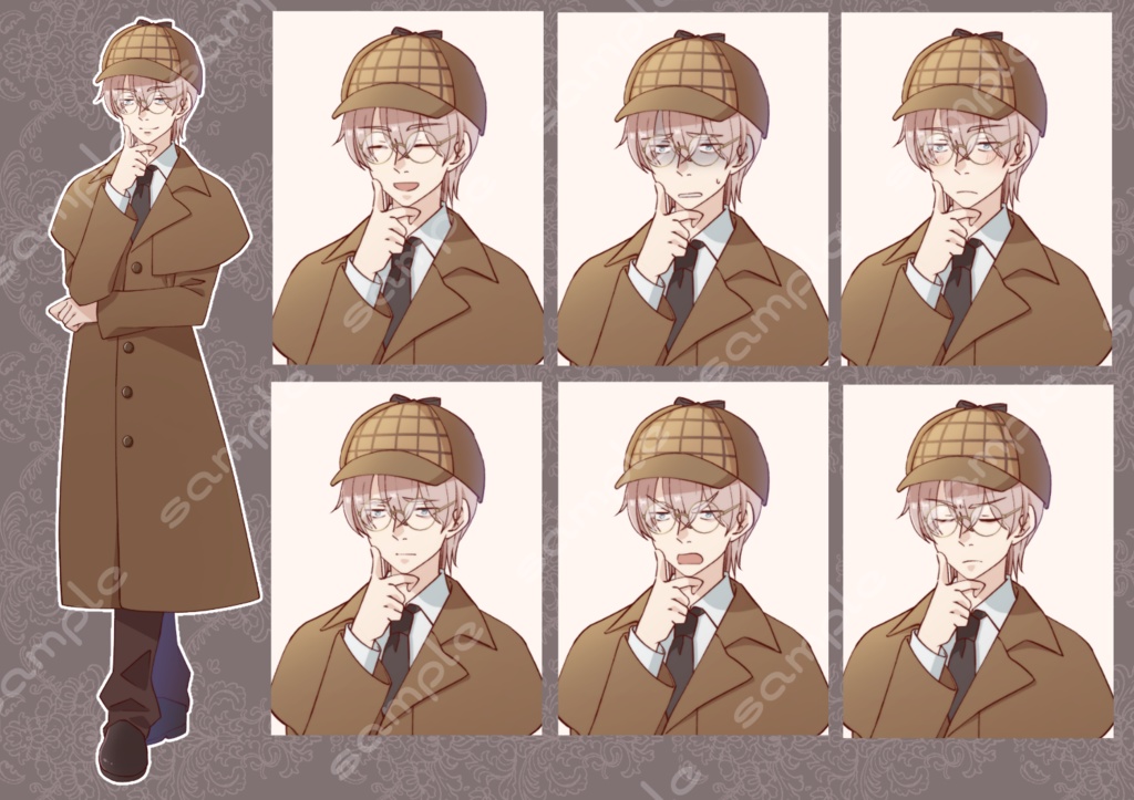 立ち絵素材_28(探偵風青年全身、表情7種、眼鏡オンオフ差分あり)