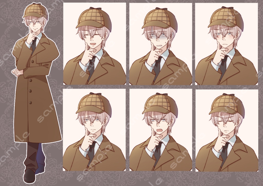 立ち絵素材_28(探偵風青年全身、表情7種、眼鏡オンオフ差分あり)