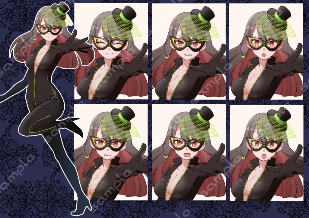 立ち絵素材_29(女怪盗全身、表情7種、仮面ありなし差分あり)