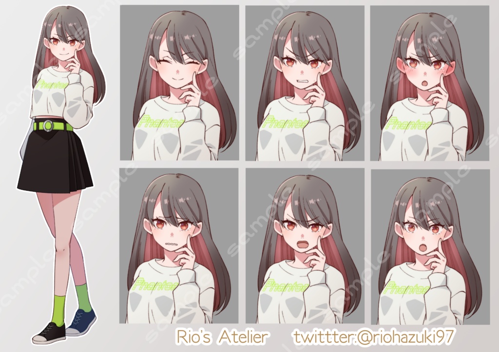 立ち絵素材_30(私服ロングヘア女性全身、表情7種)