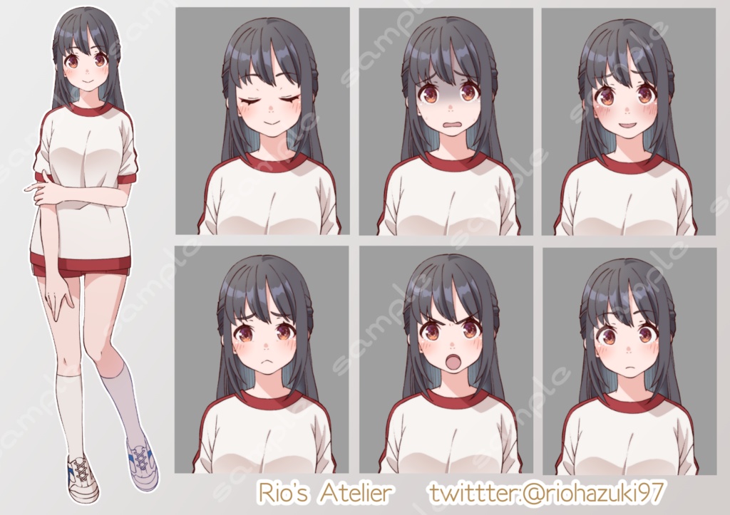 立ち絵素材_31 (ハーフアップ黒髪女子高生全身、表情各7種 衣装差分あり、制服、ジャージ、体操服)