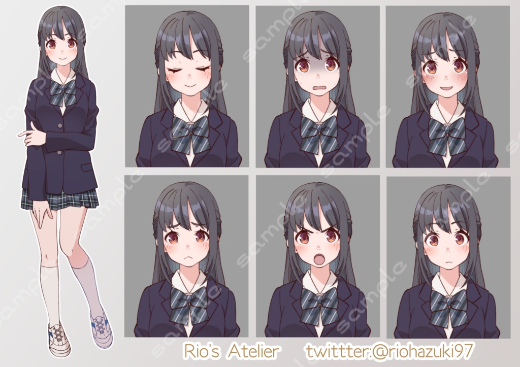 立ち絵素材_31 (ハーフアップ黒髪女子高生全身、表情各7種 衣装差分あり、制服、ジャージ、体操服)