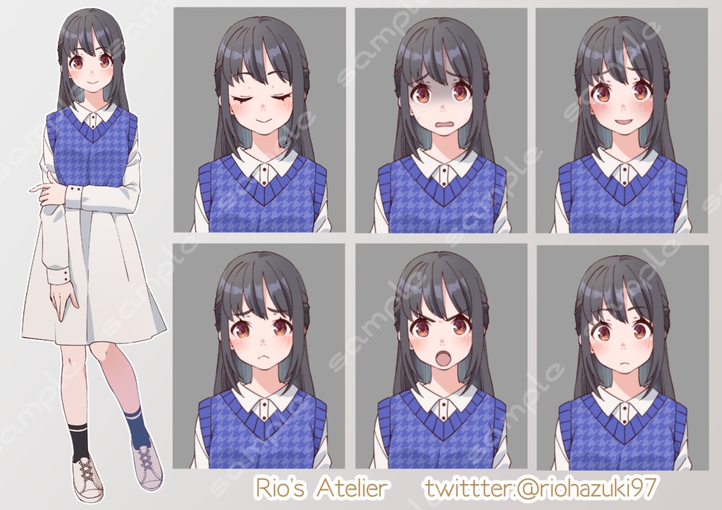 立ち絵素材_31_b (ハーフアップ黒髪女子高生、私服全身、表情7種 )