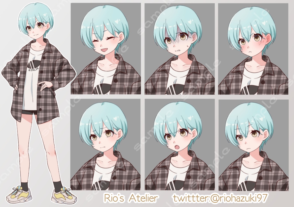 立ち絵素材_24 _b(ショートカット私服女子高生全身、表情7種)