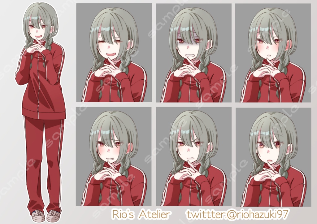 立ち絵素材_32 (陰キャ三つ編み女子高生全身、表情各12種 衣装差分あり、制服、ジャージ、白衣)