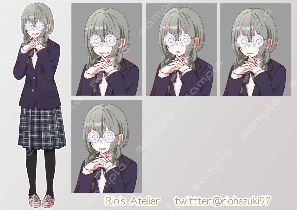 立ち絵素材_32 (陰キャ三つ編み女子高生全身、表情各12種 衣装差分あり、制服、ジャージ、白衣)