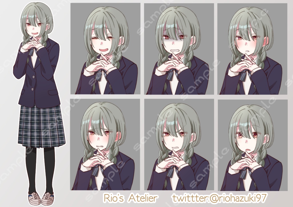 立ち絵素材_32 (陰キャ三つ編み女子高生全身、表情各12種 衣装差分あり、制服、ジャージ、白衣)