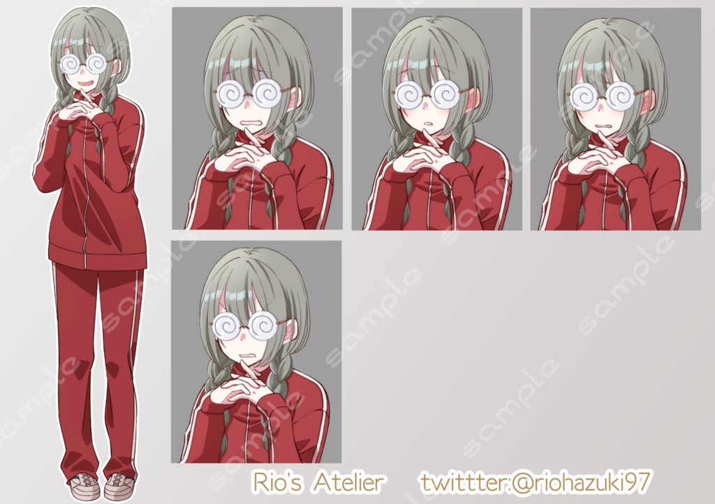 立ち絵素材_32 (陰キャ三つ編み女子高生全身、表情各12種 衣装差分あり、制服、ジャージ、白衣)