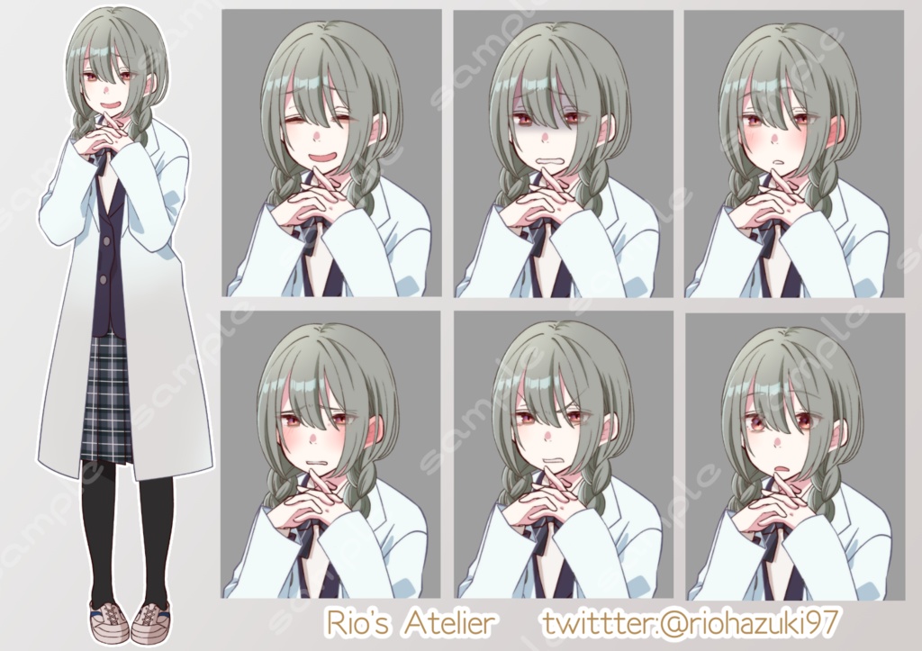 立ち絵素材_32 (陰キャ三つ編み女子高生全身、表情各12種 衣装差分あり、制服、ジャージ、白衣)