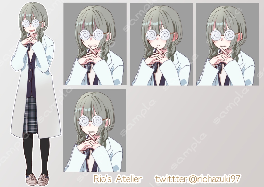 立ち絵素材_32 (陰キャ三つ編み女子高生全身、表情各12種 衣装差分あり、制服、ジャージ、白衣)