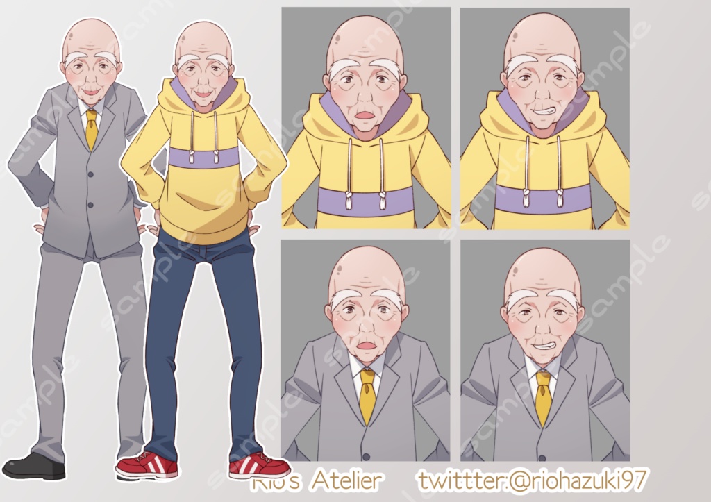 立ち絵素材_33 (元気なおじいさん全身、表情各3種 衣装2種、パーカー、スーツ)