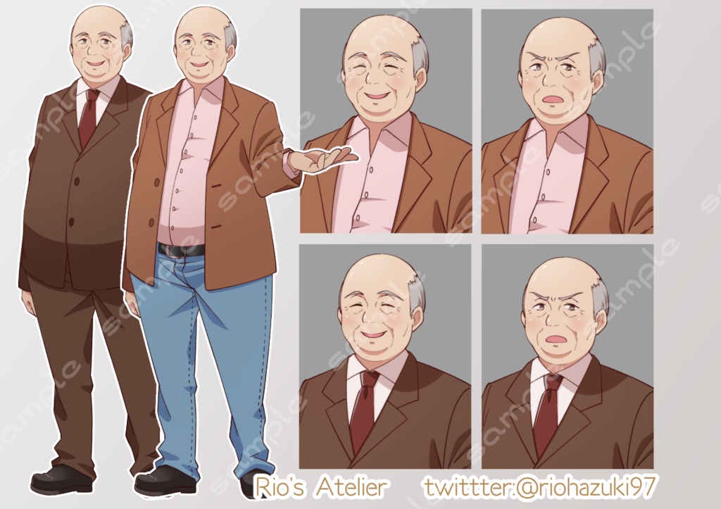 立ち絵素材_35 (恰幅の良いおじさん全身、表情各3種 衣装2種、私服、スーツ)