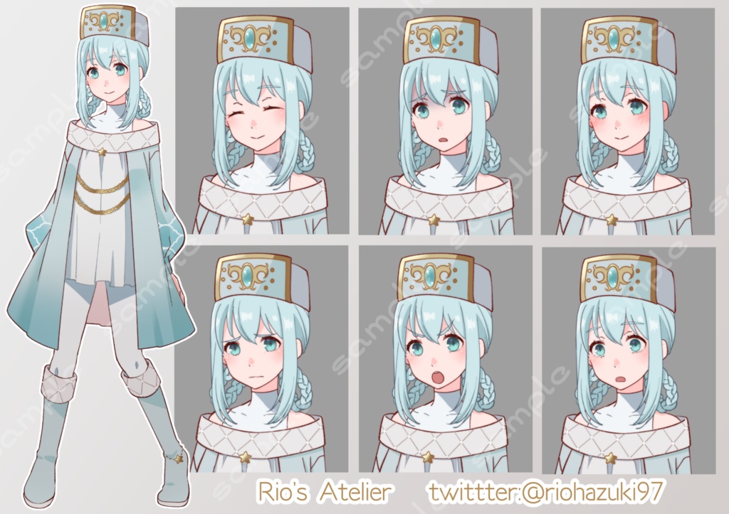 立ち絵素材_39(女性ヒーラー全身、表情7種、杖ありなし差分あり)