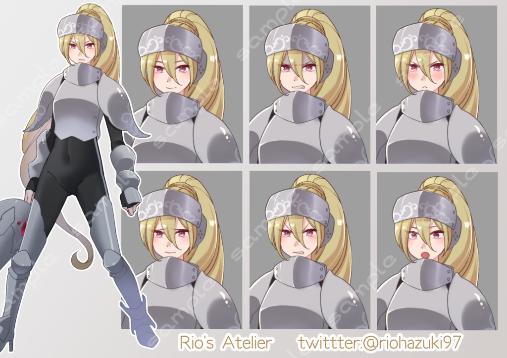 立ち絵素材_40(鎧装備女性全身、表情7種、武器ありなし差分あり)