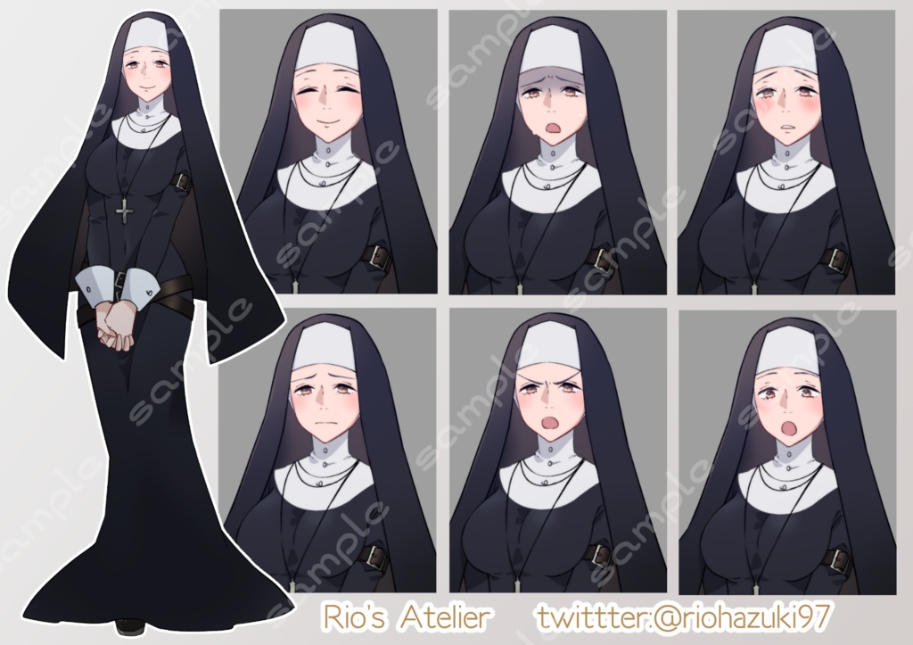 立ち絵素材_43(シスター女性全身、表情7種)