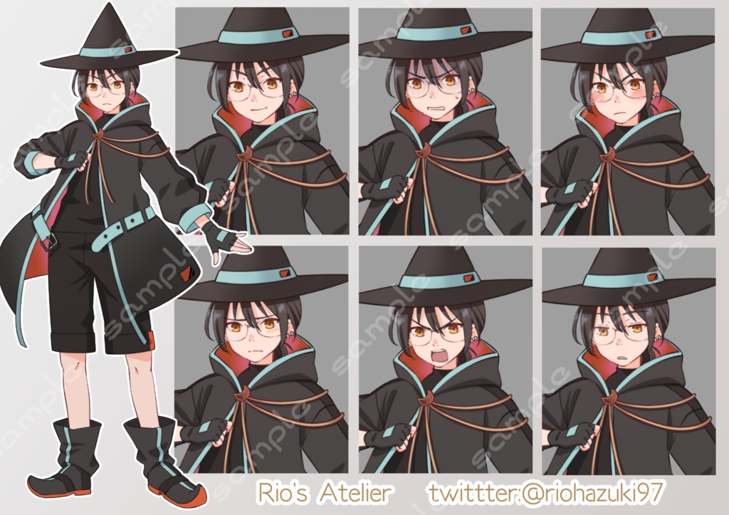 立ち絵素材_47(サイバーパンクファンタジー風魔法使い全身、表情7種)