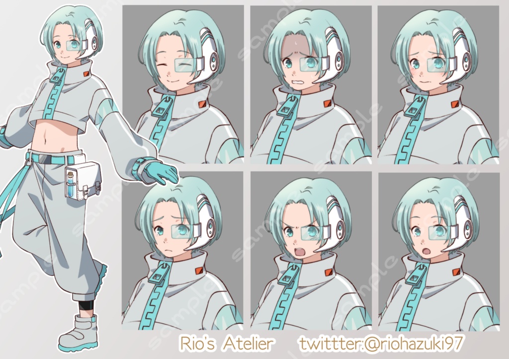 立ち絵素材_48 (サイバーパンクファンタジー風ヒーラー全身、表情7種、眼鏡型メカありなし差分あり)