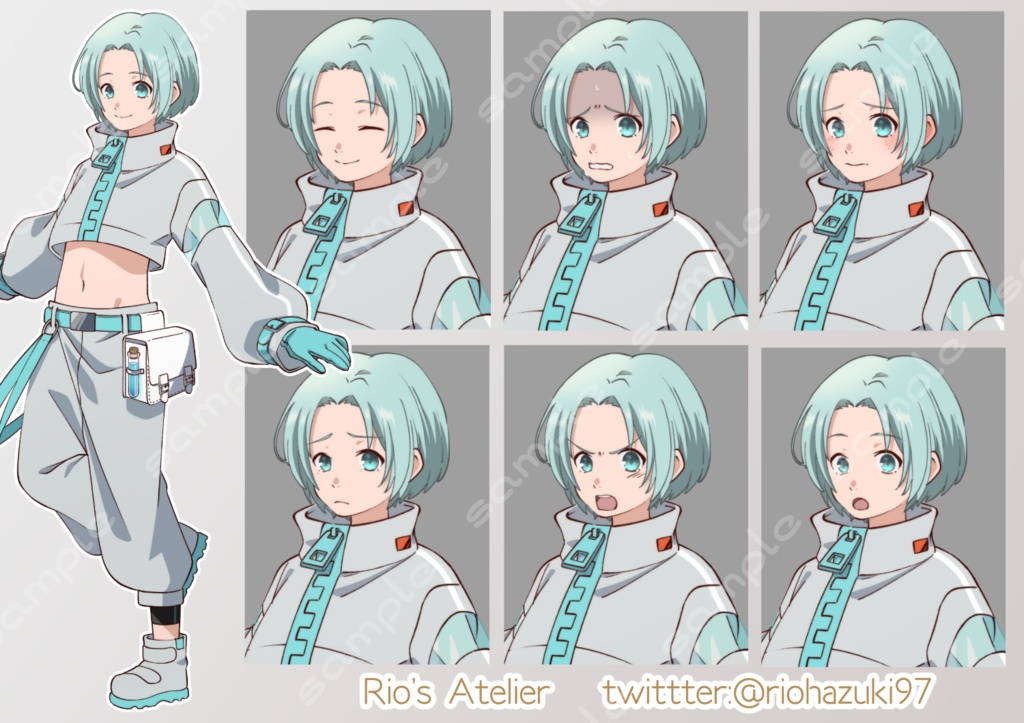 立ち絵素材_48 (サイバーパンクファンタジー風ヒーラー全身、表情7種、眼鏡型メカありなし差分あり)