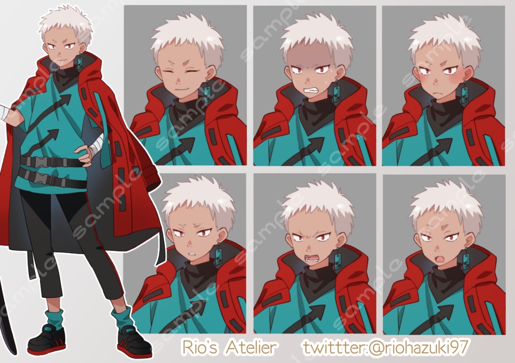 立ち絵素材_49(サイバーパンクファンタジー風刀使い全身、表情7種)