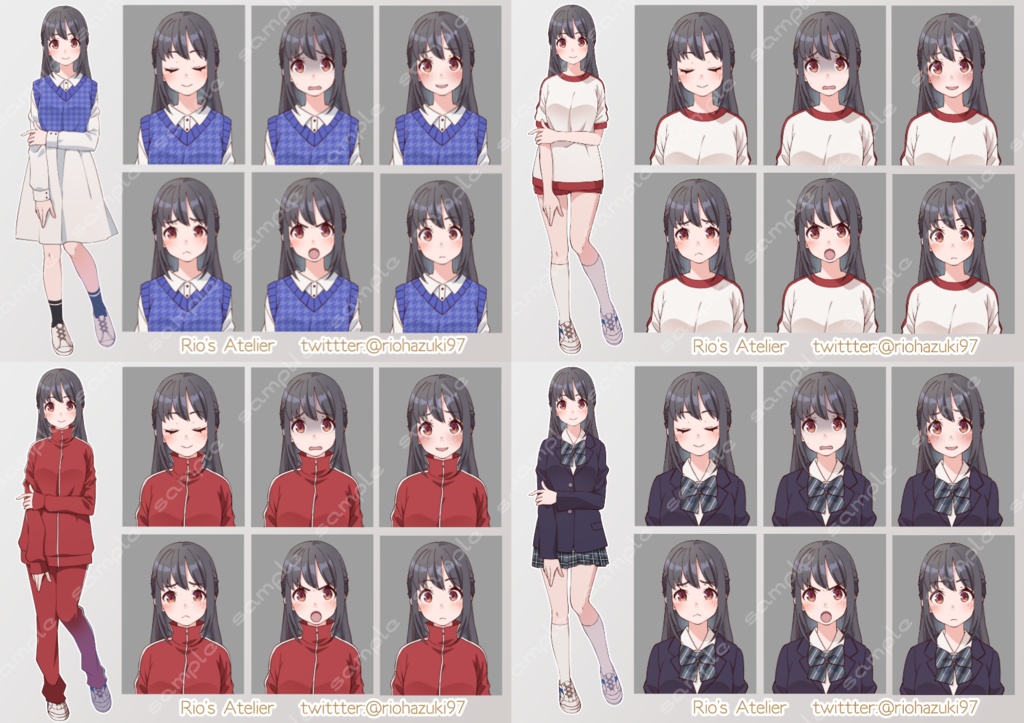 立ち絵素材_女子学生3体セット(服装差分多め)